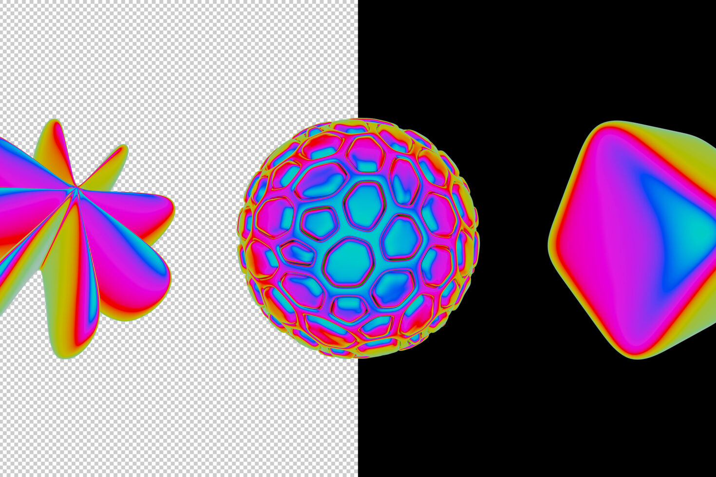 Vibrant 3D abstract shapes with rainbow colors on a transparent and black background. Ideal for graphic design, digital assets, and templates.