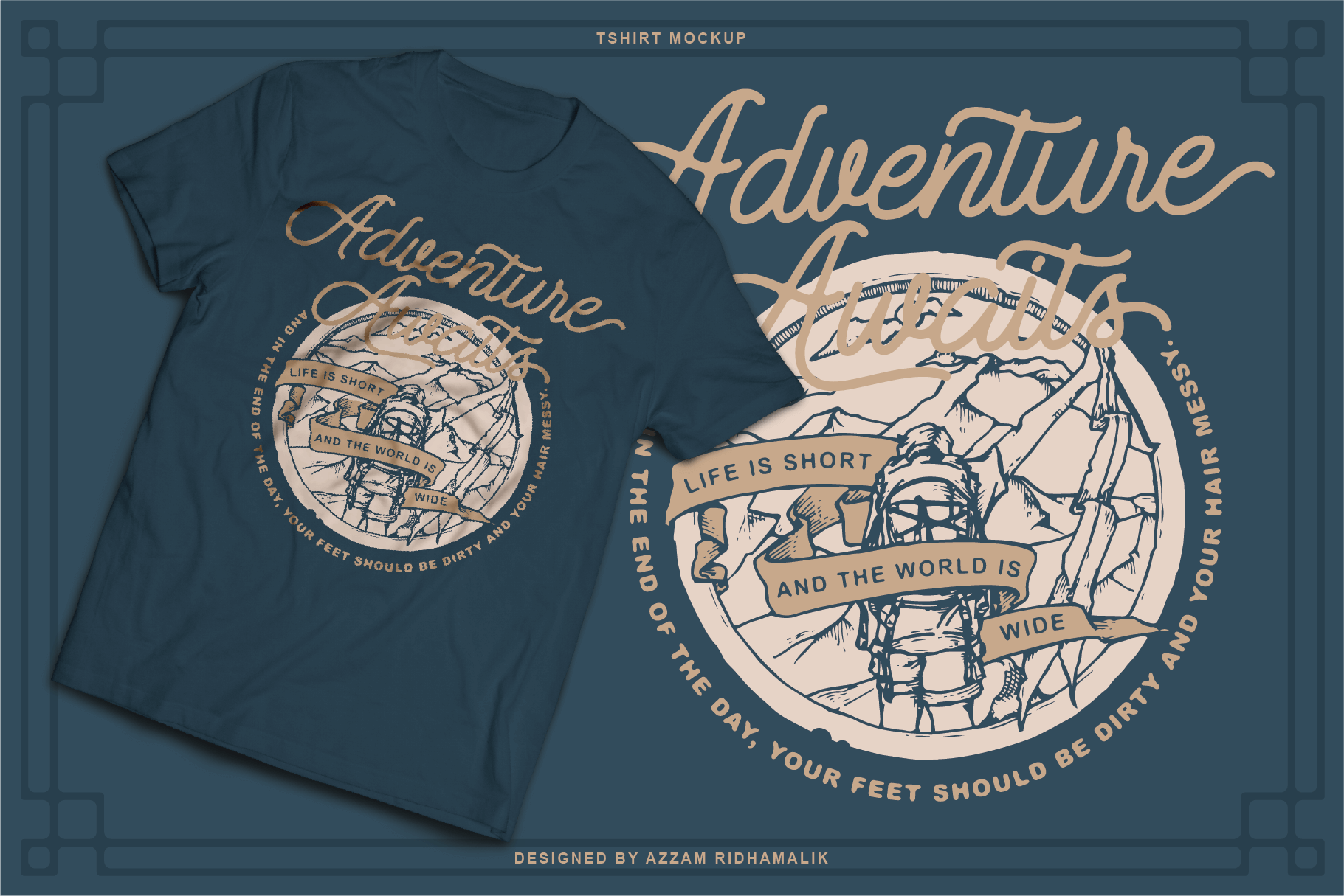 T-shirt mockup featuring adventure-themed design with mountains, hiker, quotes emphasizing exploration. Perfect for graphic designers seeking inspiring templates.