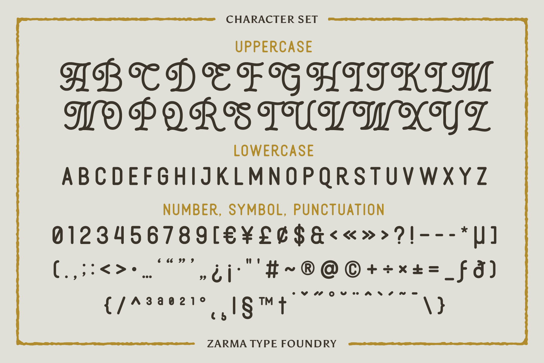 Elegant serif typeface with uppercase and lowercase letters for graphic design. Includes numbers, symbols, and punctuation for typography projects.