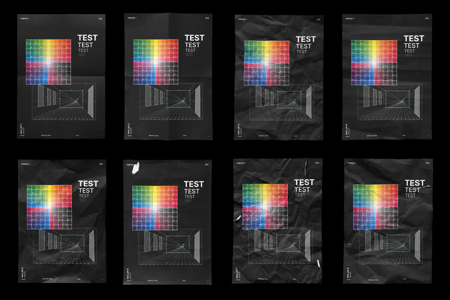 Twelve color test card mockups with gradient squares on creased charcoal backgrounds