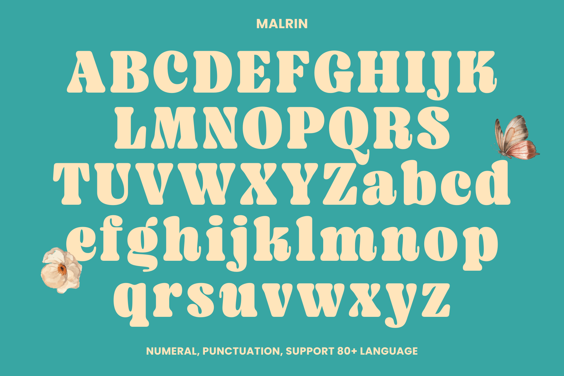 Malrin font alphabet in cream letters on teal with butterfly details