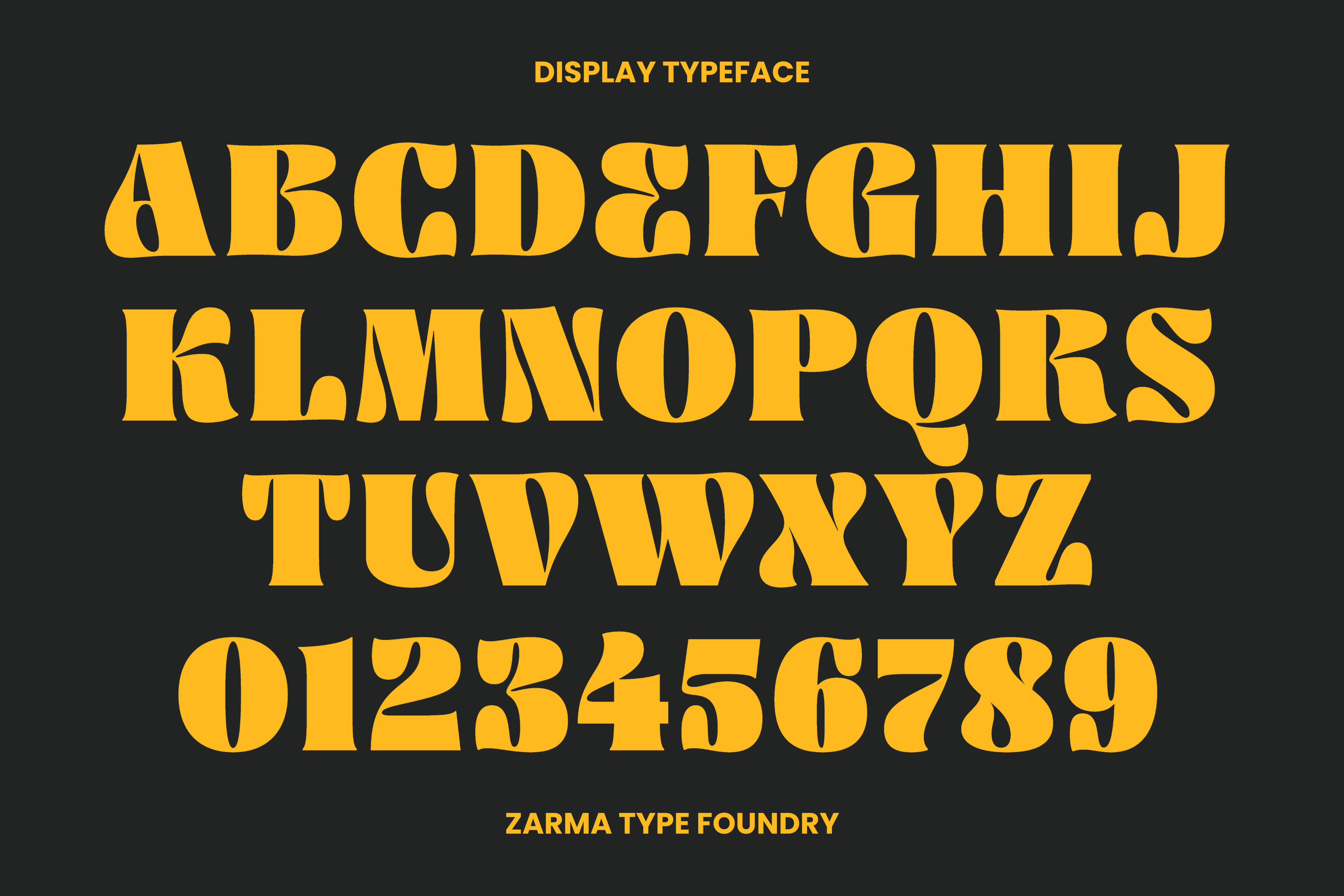 Bold uppercase display typeface with numbers in yellow on a black background. Ideal for graphic design, typography projects, and branding templates.