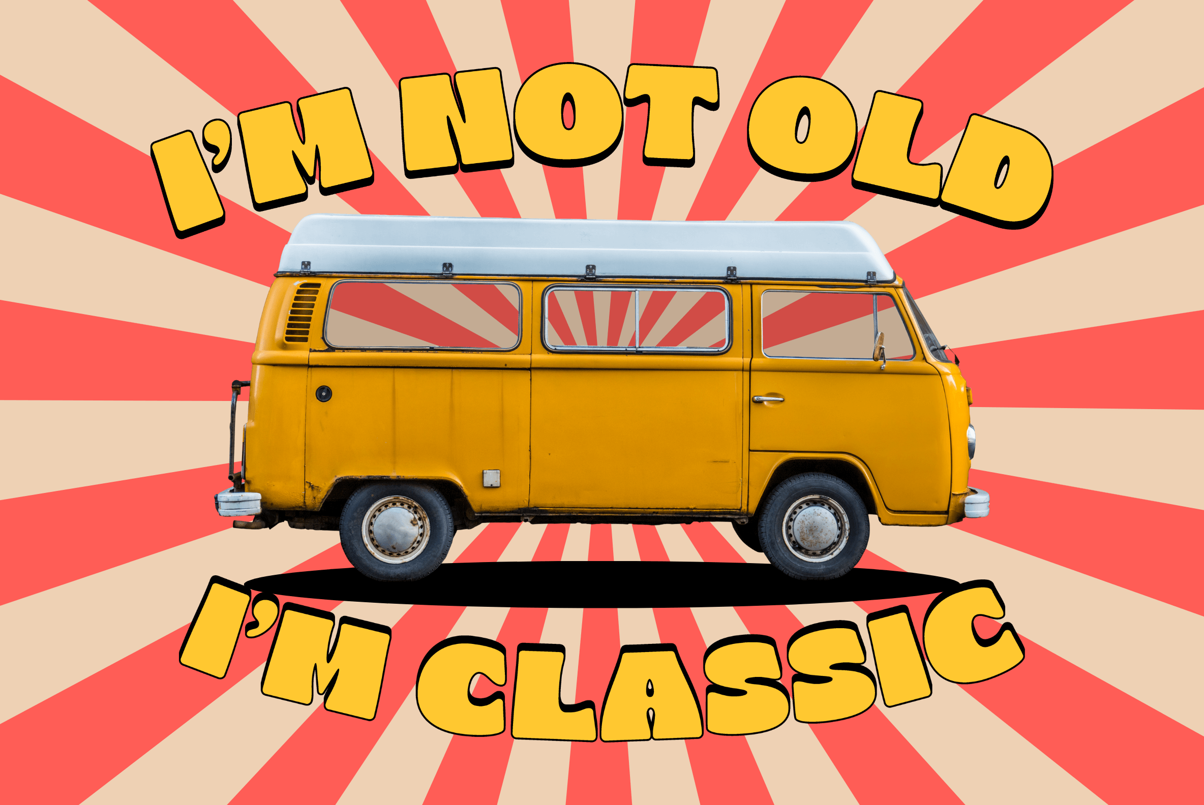 I'm Not Old retro van mockup with groovy psychedelic sunburst rays
