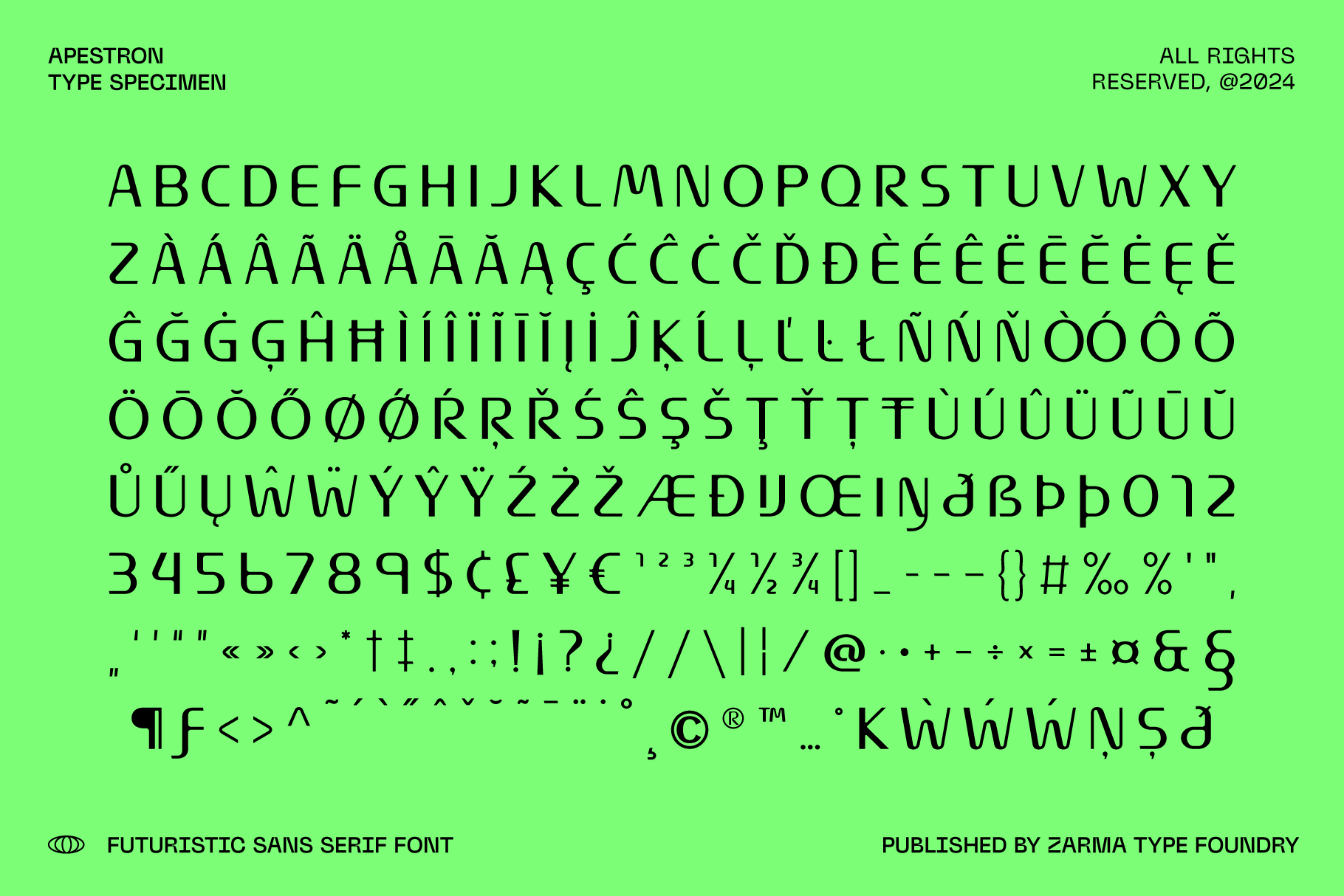 Apestron typeface specimen showing full character set with accents on neon green