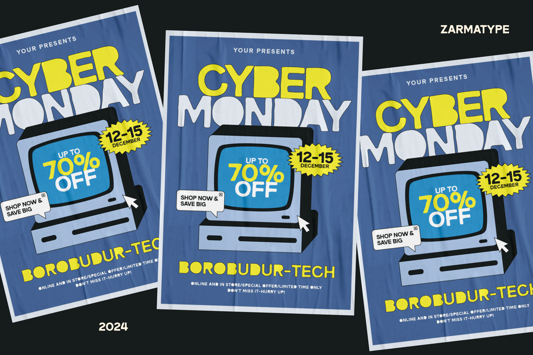 Three Cyber Monday sale flyers with retro computer graphics, yellow text, 70% off offer