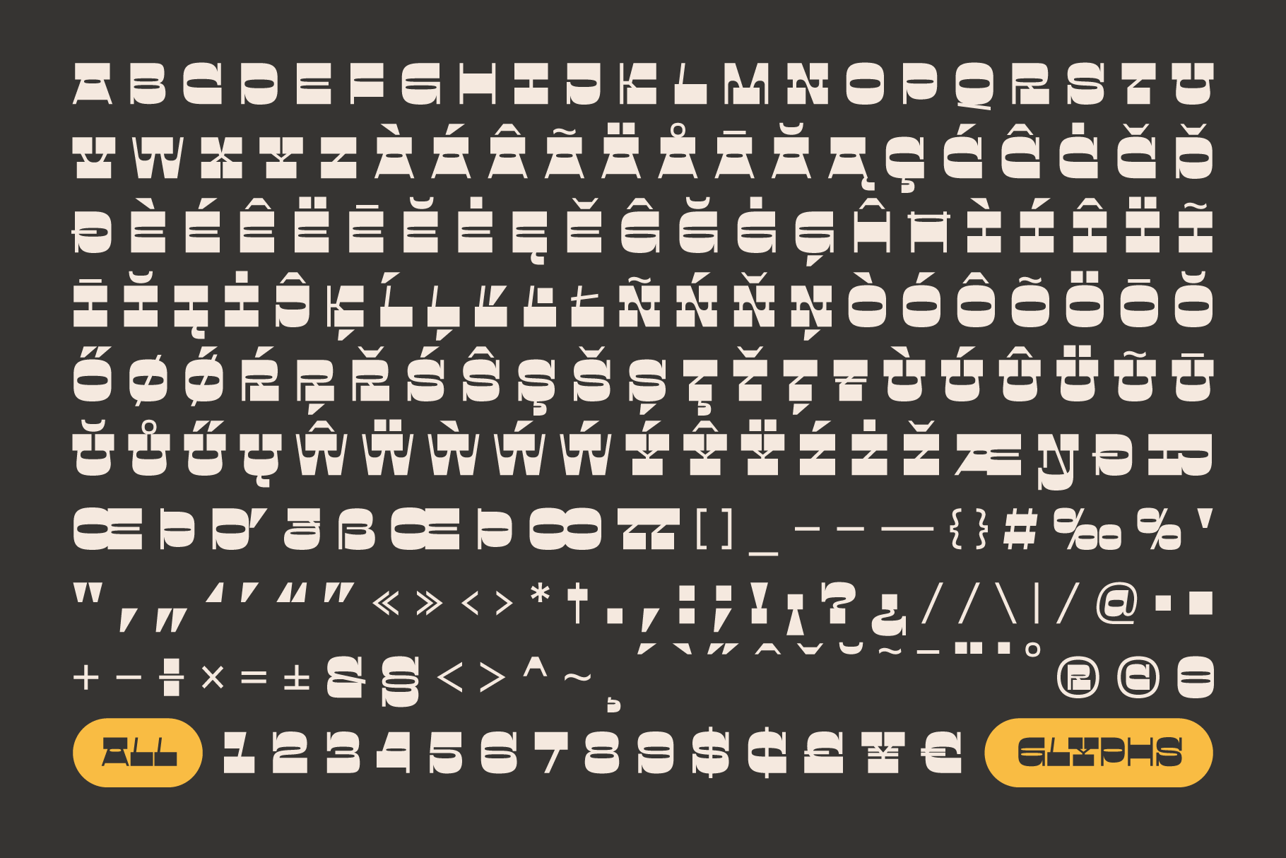 Complete character set grid showing numbers symbols letters accents on dark background