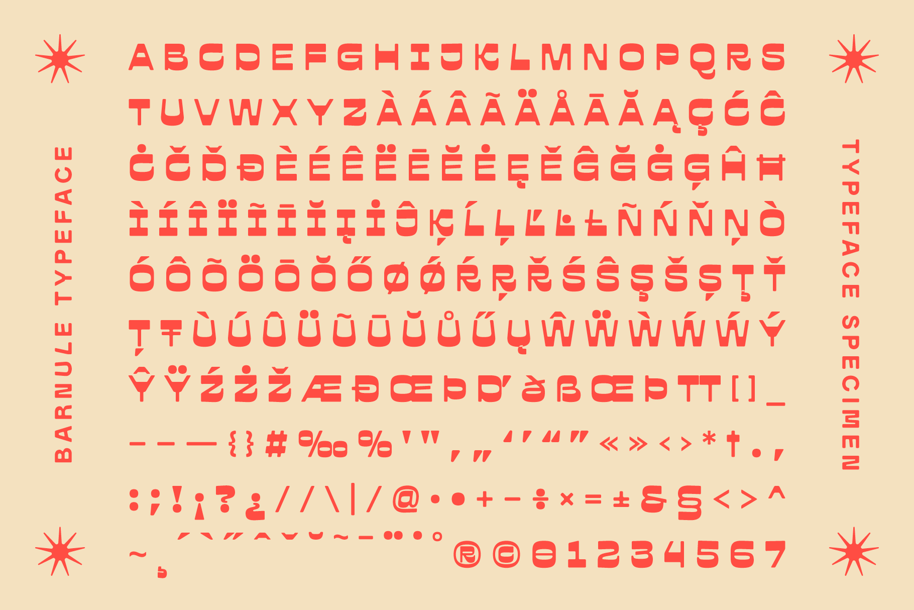 Typography design featuring Barnule typeface with uppercase letters, accented characters, symbols, and numerals in bold red on beige. Perfect for graphic designers.