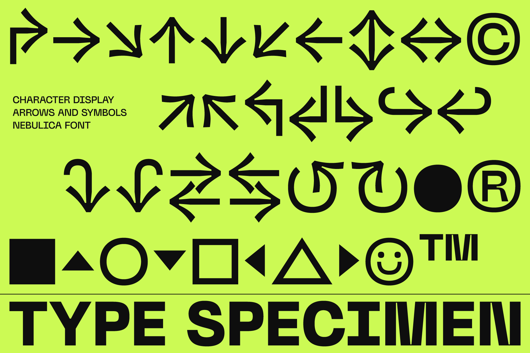 Bold display of geometric symbols arrows and icons in Nebulica font. Ideal for design projects requiring unique typography. Modern type specimen.