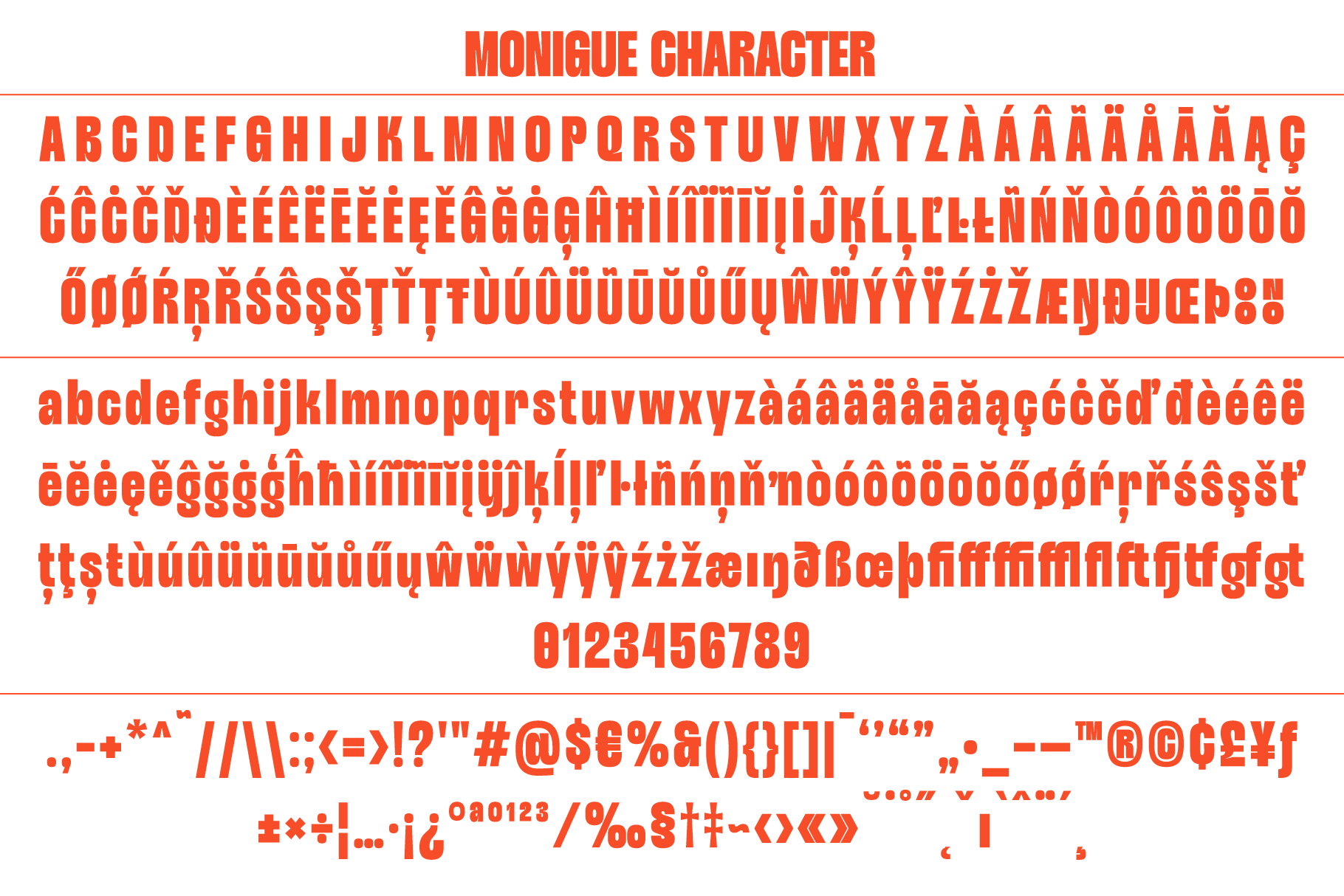 Bold orange font display showcasing uppercase lowercase letters numbers symbols. Ideal for designers seeking diverse typography assets for creative projects.