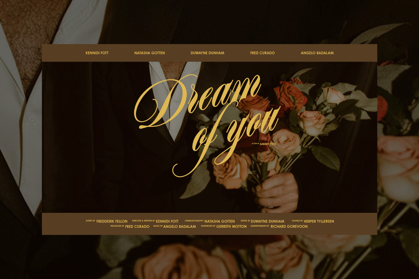 Film poster mockup featuring elegant script typography Dream of You over a dark background with roses. Ideal for designers creating cinematic graphics.