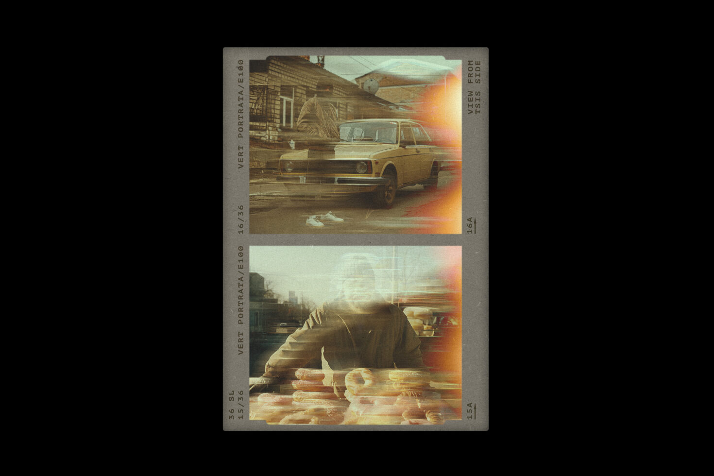 Vintage photo collage featuring an old car and a person with donuts. Perfect for graphic design projects and retro-themed templates.