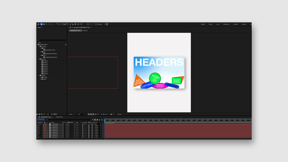 After Effects timeline showing colorful header design with legal text badges