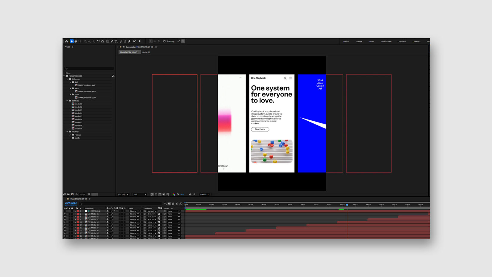 After Effects interface displaying a mobile UI design mockup in progress, featuring layout and color adjustments. Ideal for digital design projects.