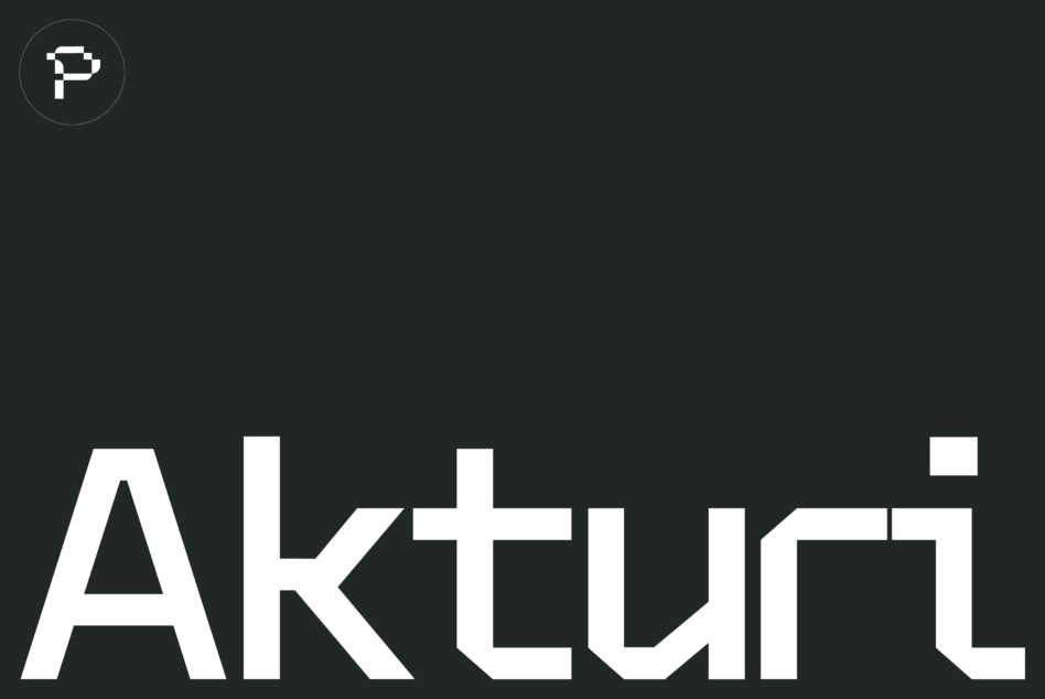 Akturi monospace typeface logo mark with pixelated letter P in circle outline