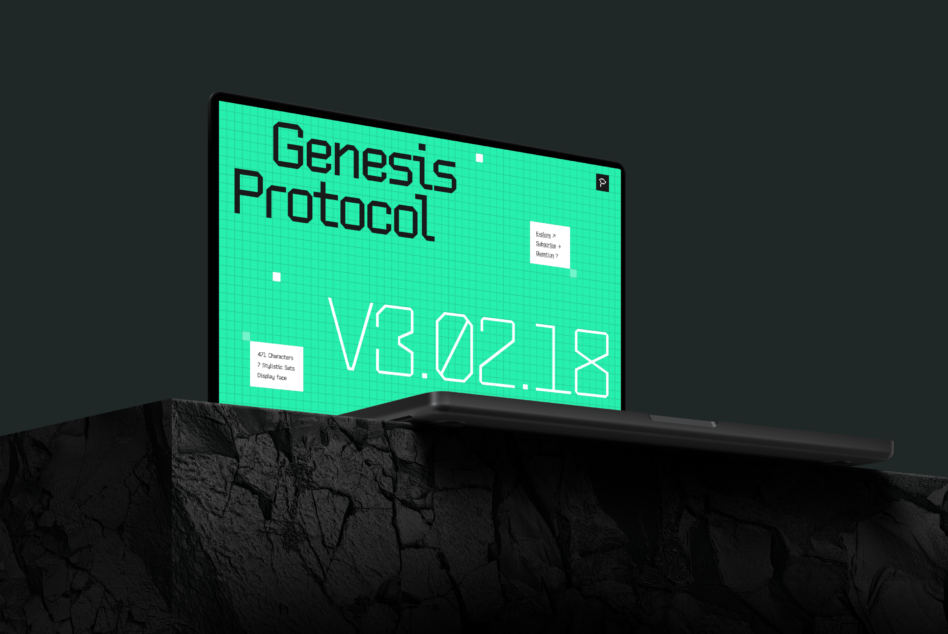 Billboard mockup displaying Genesis Protocol typeface in bright neon green on dark stone