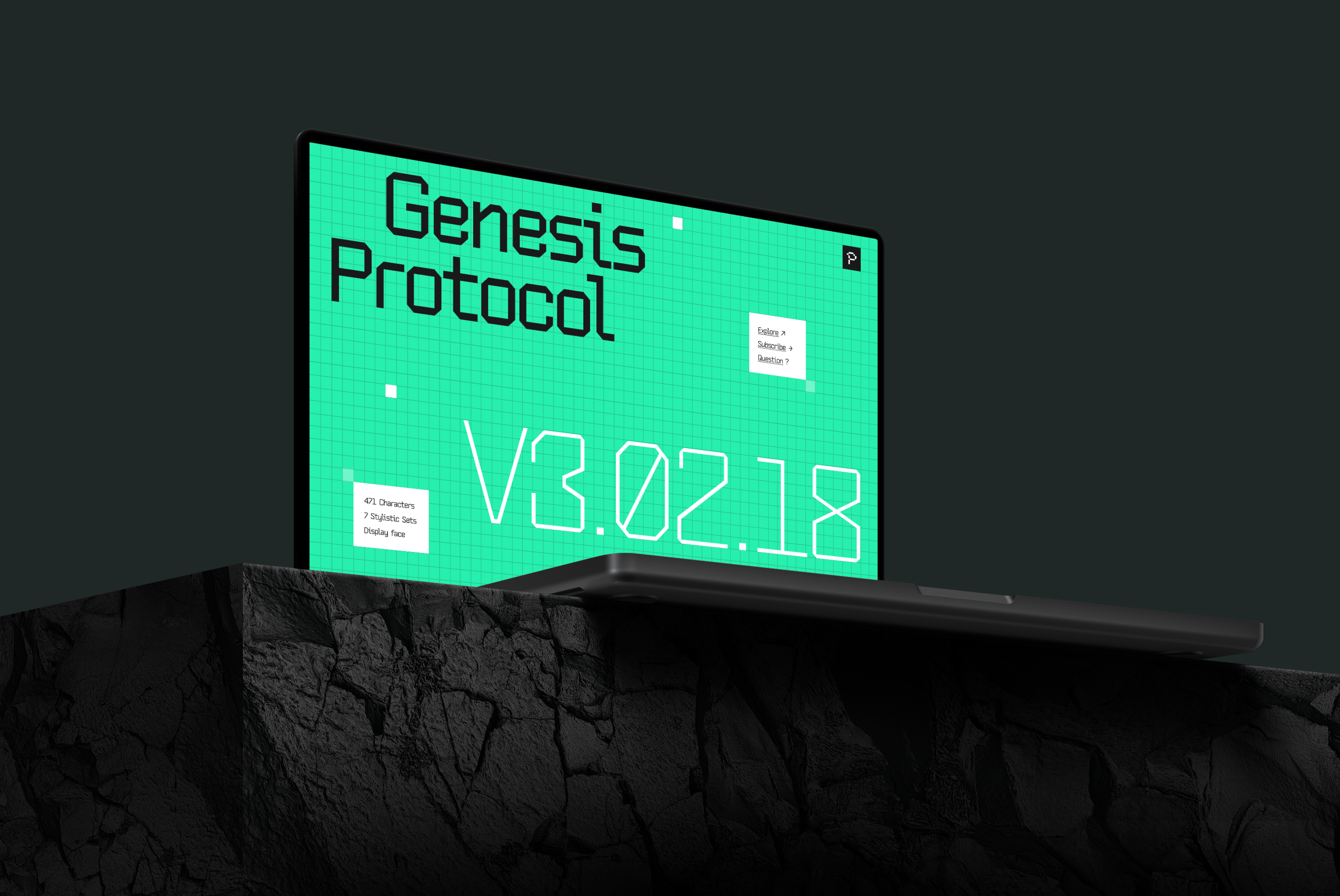 Laptop displaying digital grid with Genesis Protocol text in futuristic font design. Ideal for mockup templates and graphic assets for designers.