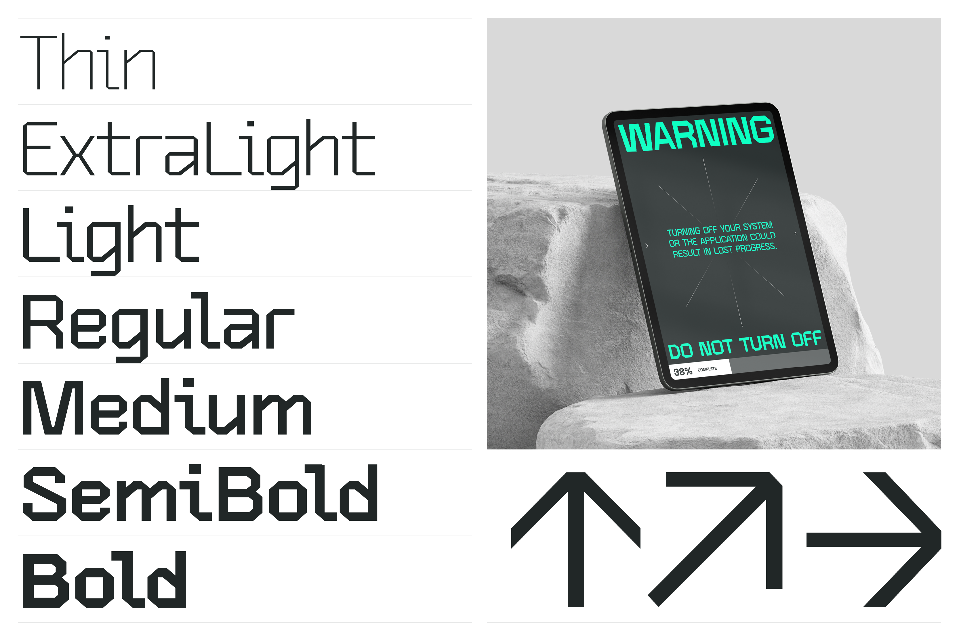 Modern digital font display featuring various weights from Thin to Bold on sleek tablet mockup with geometric arrows. Ideal for graphic designers.