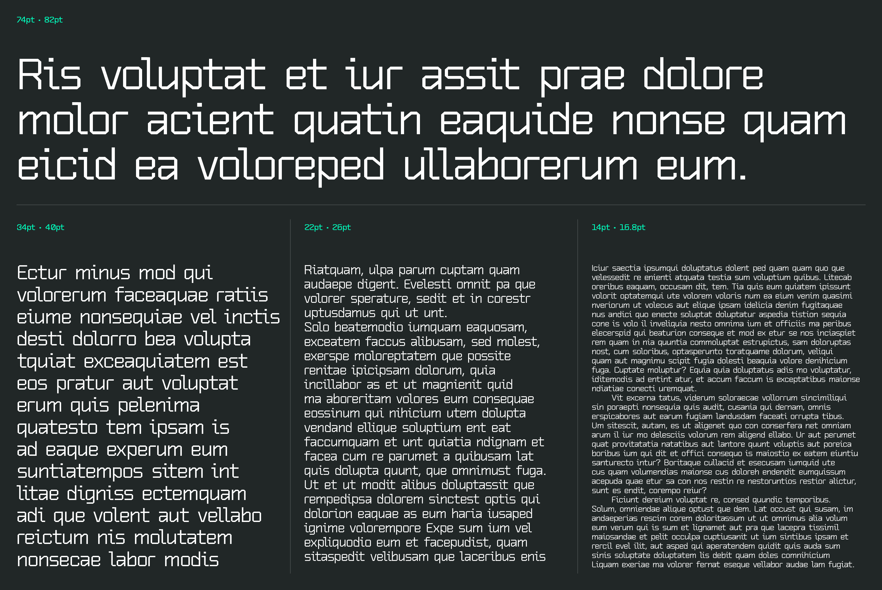Sans-serif geometric font showcase in various sizes for typography design. Ideal for print and digital projects. Includes headers and body text examples.