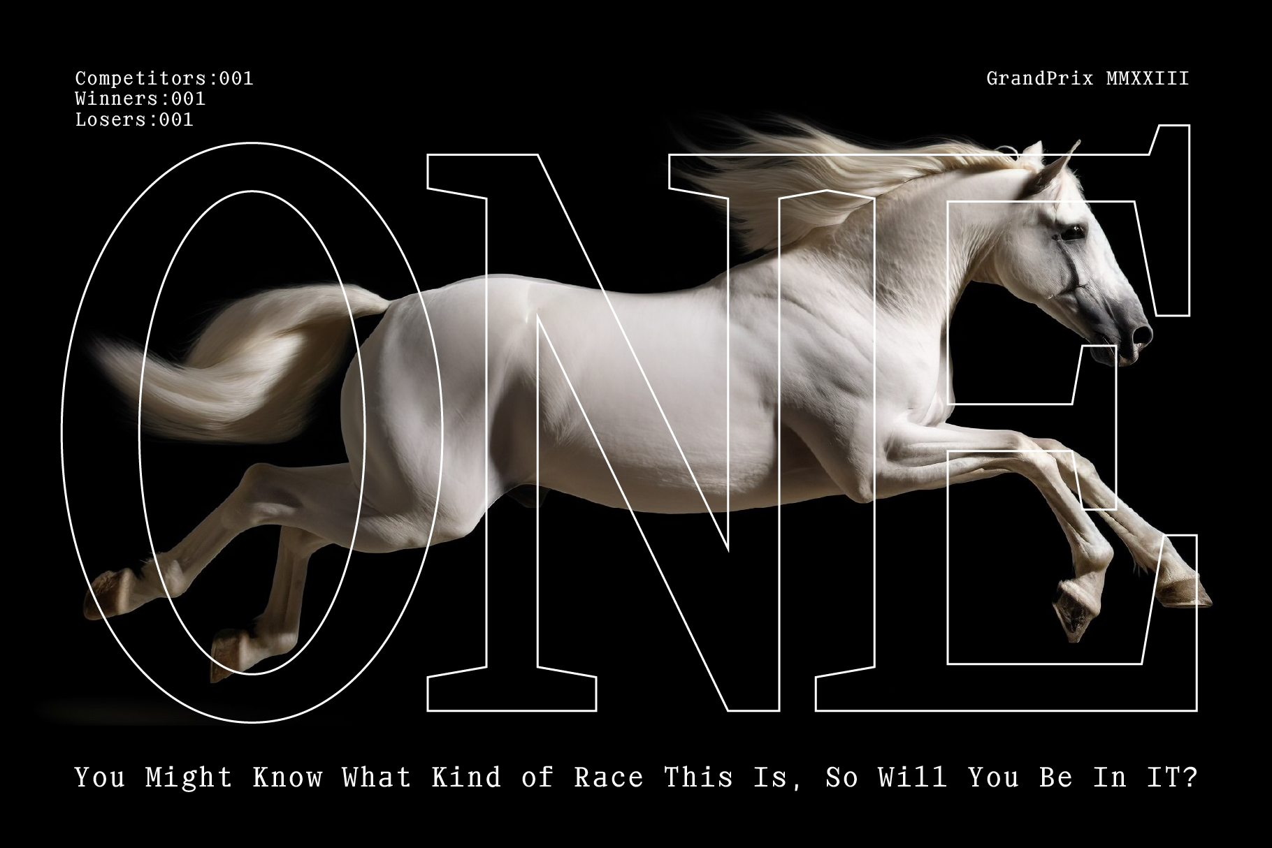 White horse galloping with bold text overlay ONE creative design asset ideal for graphics templates equestrian theme dynamic typography.