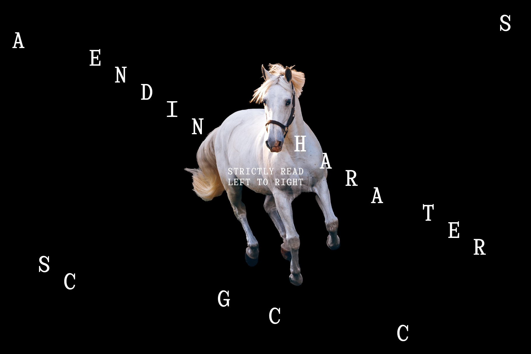 Dynamic horse typography design featuring ascending characters in white on black background. Perfect for graphic templates and creative projects.