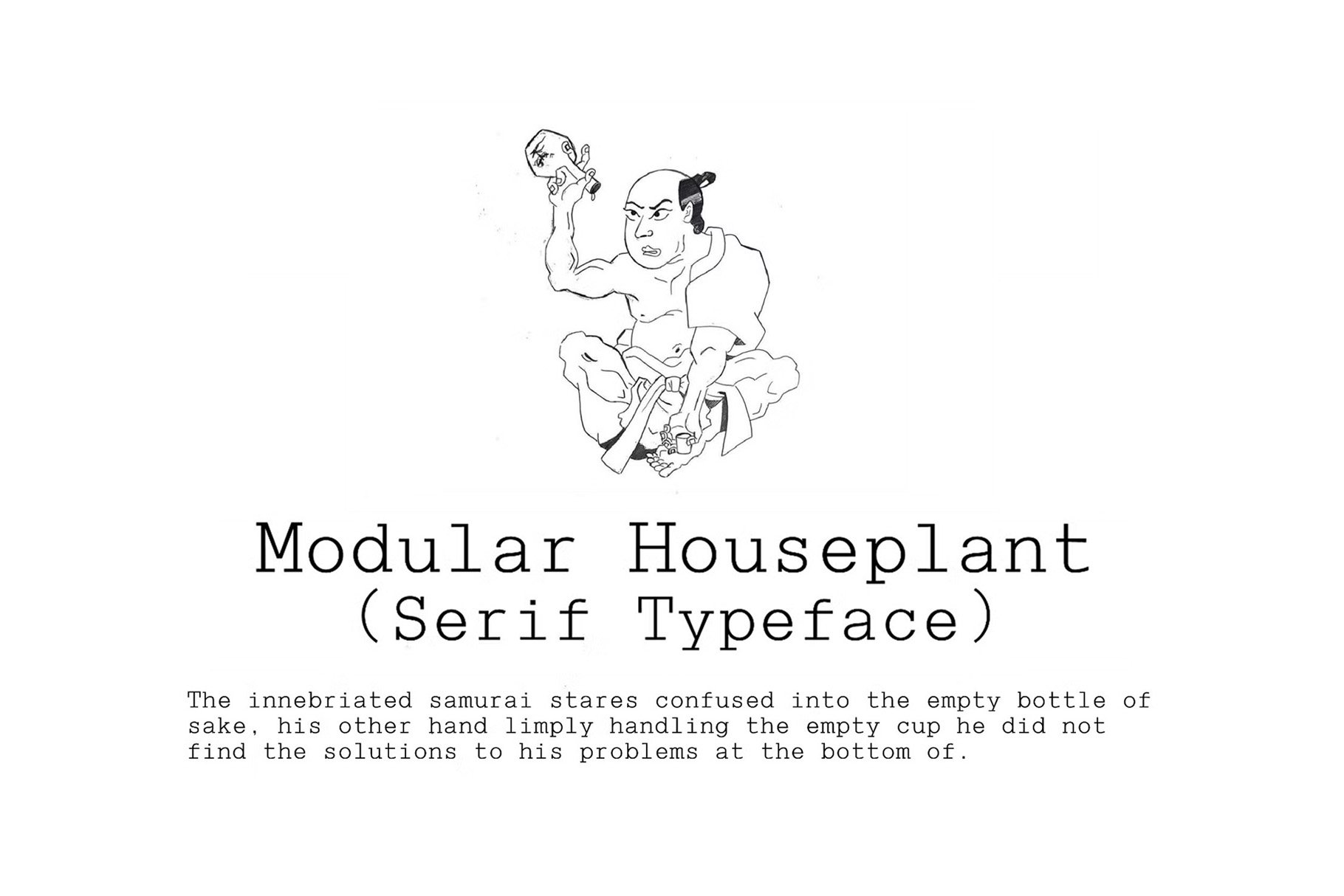Samurai illustration with Modular Houseplant Serif Typeface below; ideal for designers seeking unique fonts and graphics; perfect for typography projects.