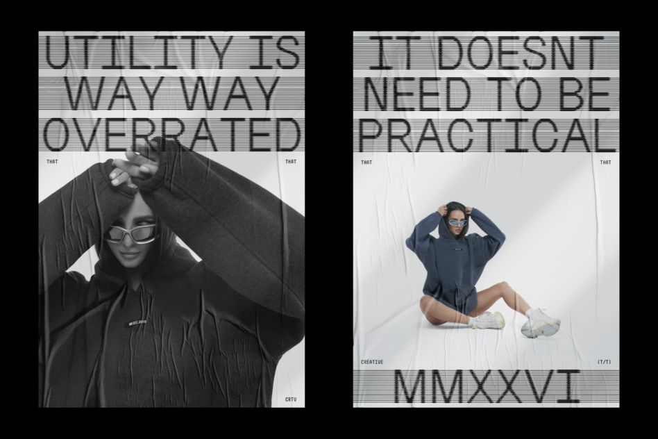 Two portrait mockups with scanline glitch effect over photos