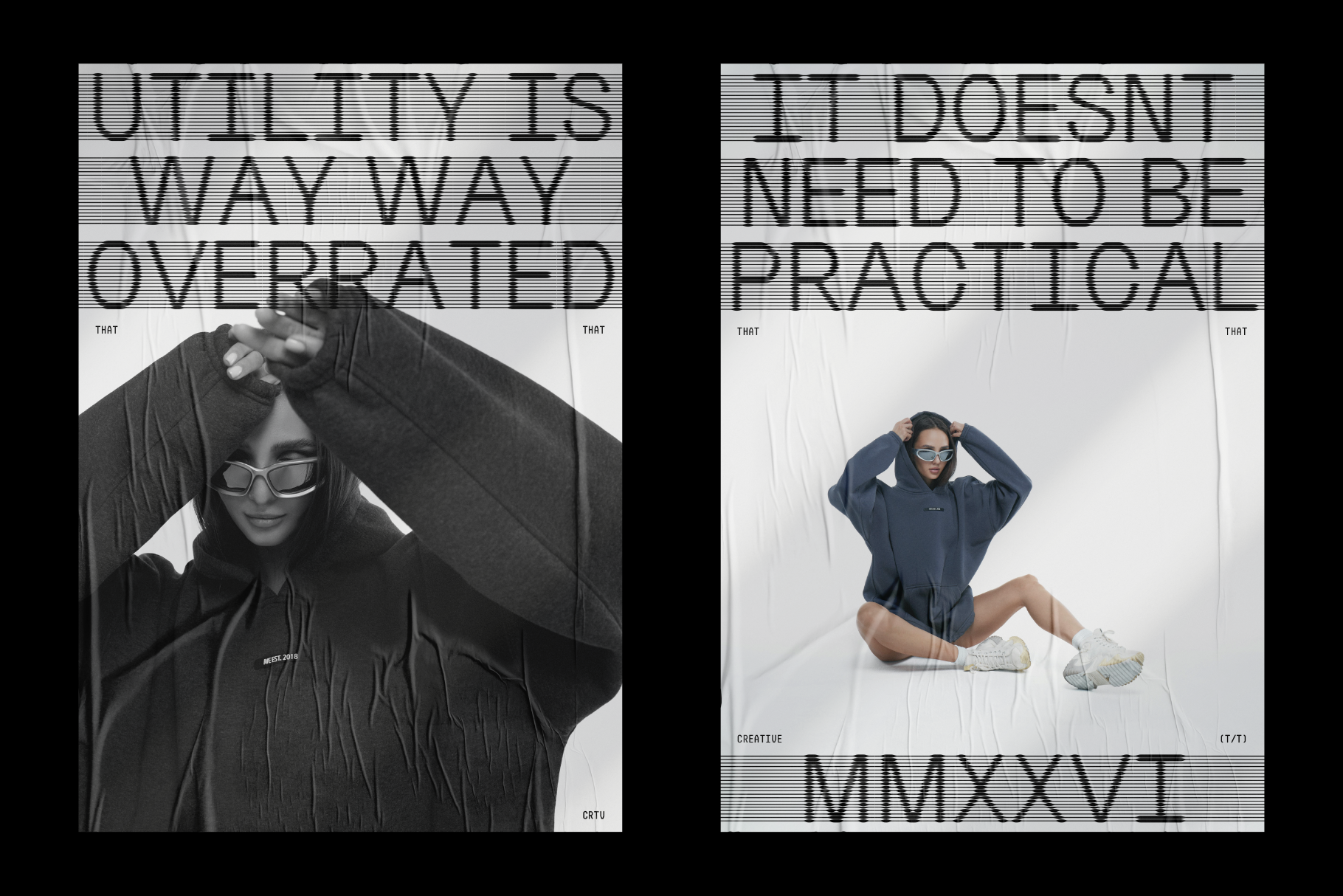 Fashionable streetwear mockup featuring oversized hoodie and modern sunglasses with bold typography emphasizing creative non-practical design aesthetics.