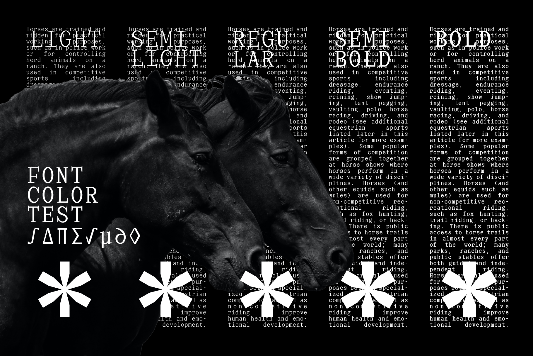 Typography design showcasing font weight variations: light, regular, bold. Black horses serve as backdrop. Ideal for font and graphics designers.