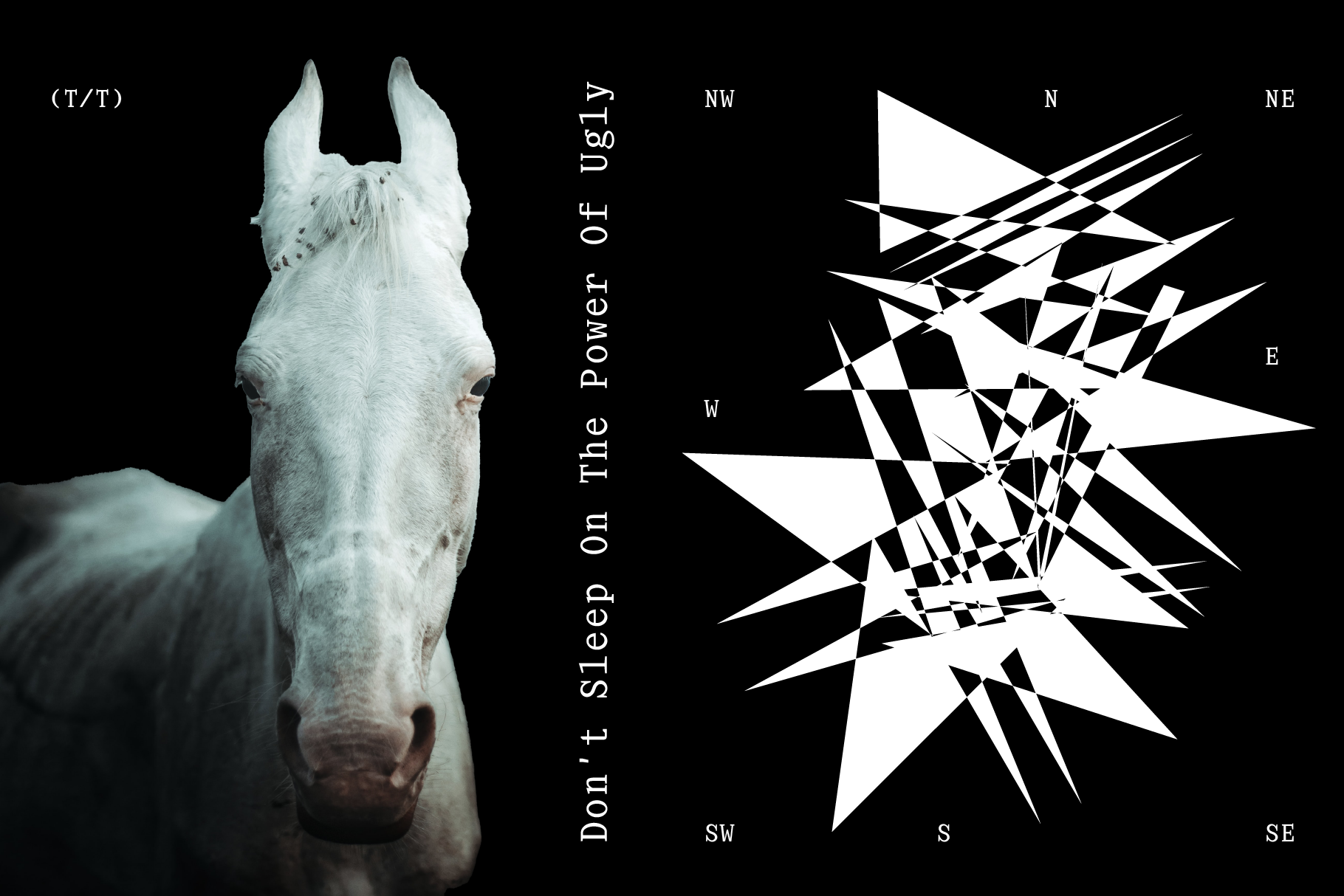 Surreal digital art featuring a white horse on the left and abstract geometric shapes on the right. Ideal for graphic design projects. Keywords: abstract, surreal, horse, geometric.