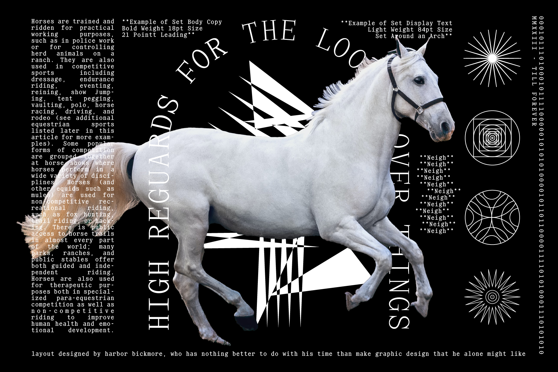 White horse graphic design with abstract geometric shapes and typography layout on a black background, suitable for creative graphic templates.
