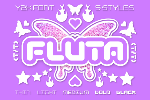 Y2K font display showing glowing word with wings, stars, hearts, butterflies on purple
