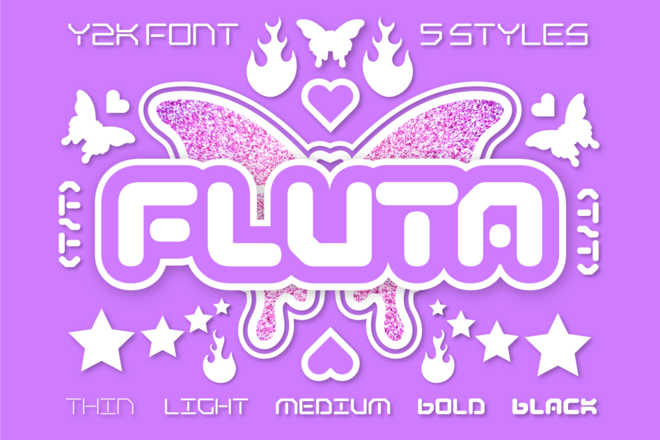 Y2K font display showing glowing word with wings, stars, hearts, butterflies on purple