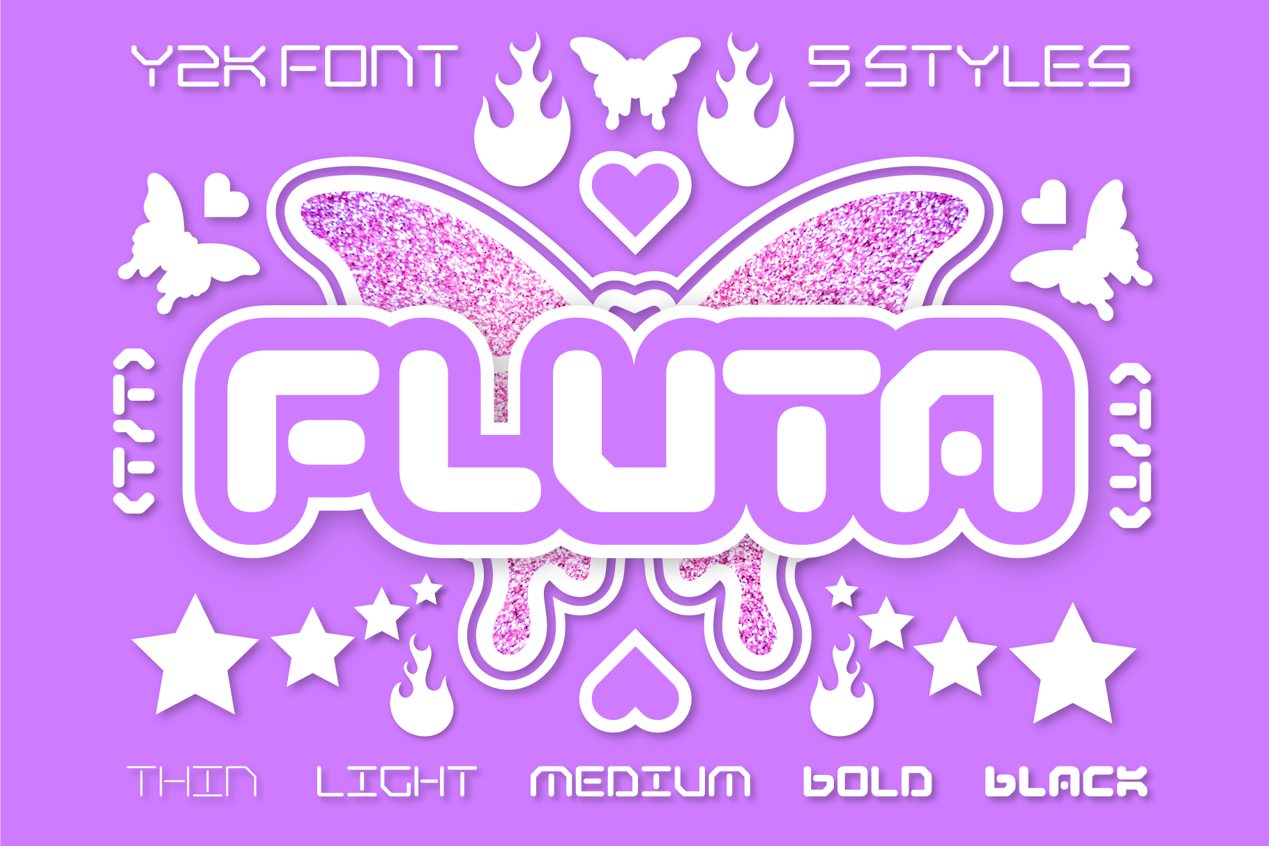 Y2K font display showing glowing word with wings, stars, hearts, butterflies on purple