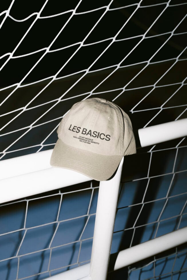 Baseball cap mockup on white fence grid background perfect for digital design projects fashion brands showcasing logos design templates SEO keywords: hat mockup