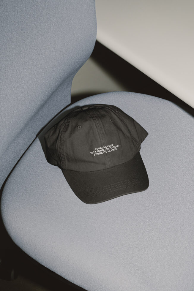 Black baseball cap with embroidered text placed on blue sculptural surface