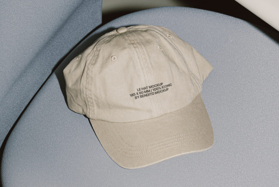 Beige cap with embroidered branding on blue curved architectural surface