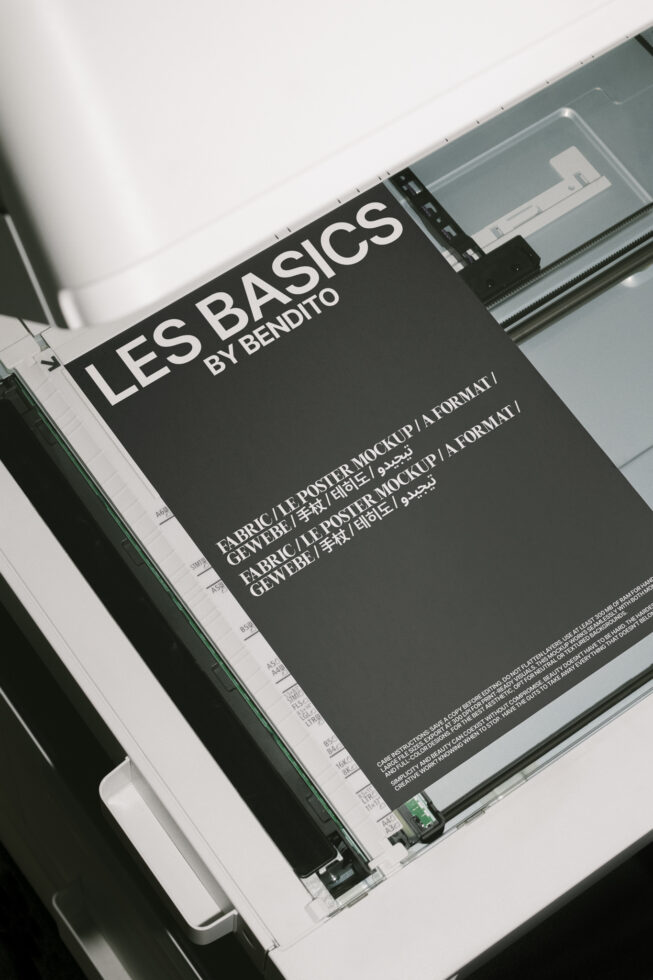 Fabric poster mockup on scanner. Ideal for designers needing fabric mockups, graphic templates in A format by Bendito. Suitable for digital assets.