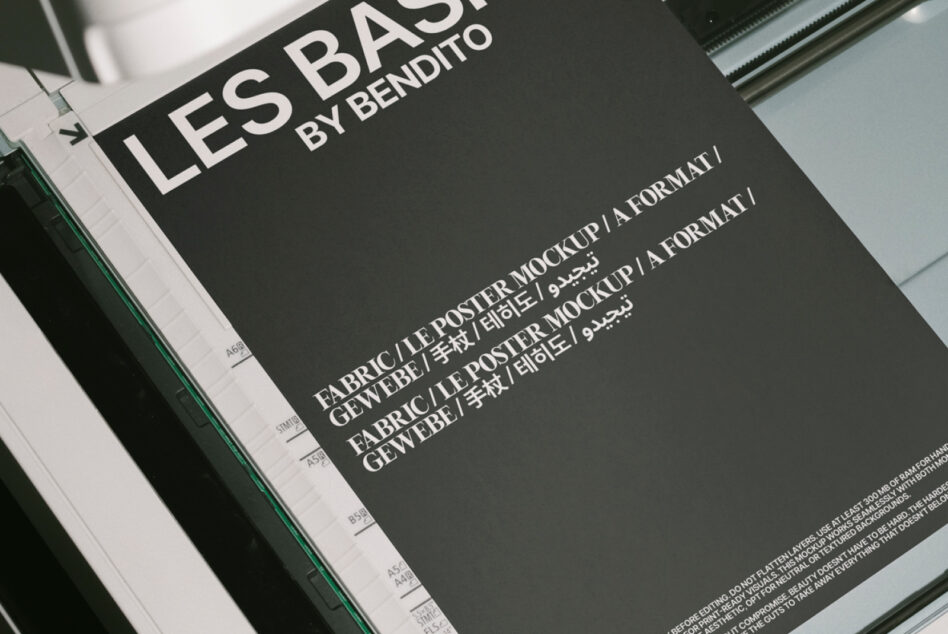 Poster mockup template design on a printer scanner bed showcasing typography layout for designers. Ideal for print previews and graphic design projects.