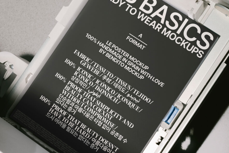 Dark poster mockup in white organizer displaying text layout for Les Basics mockup