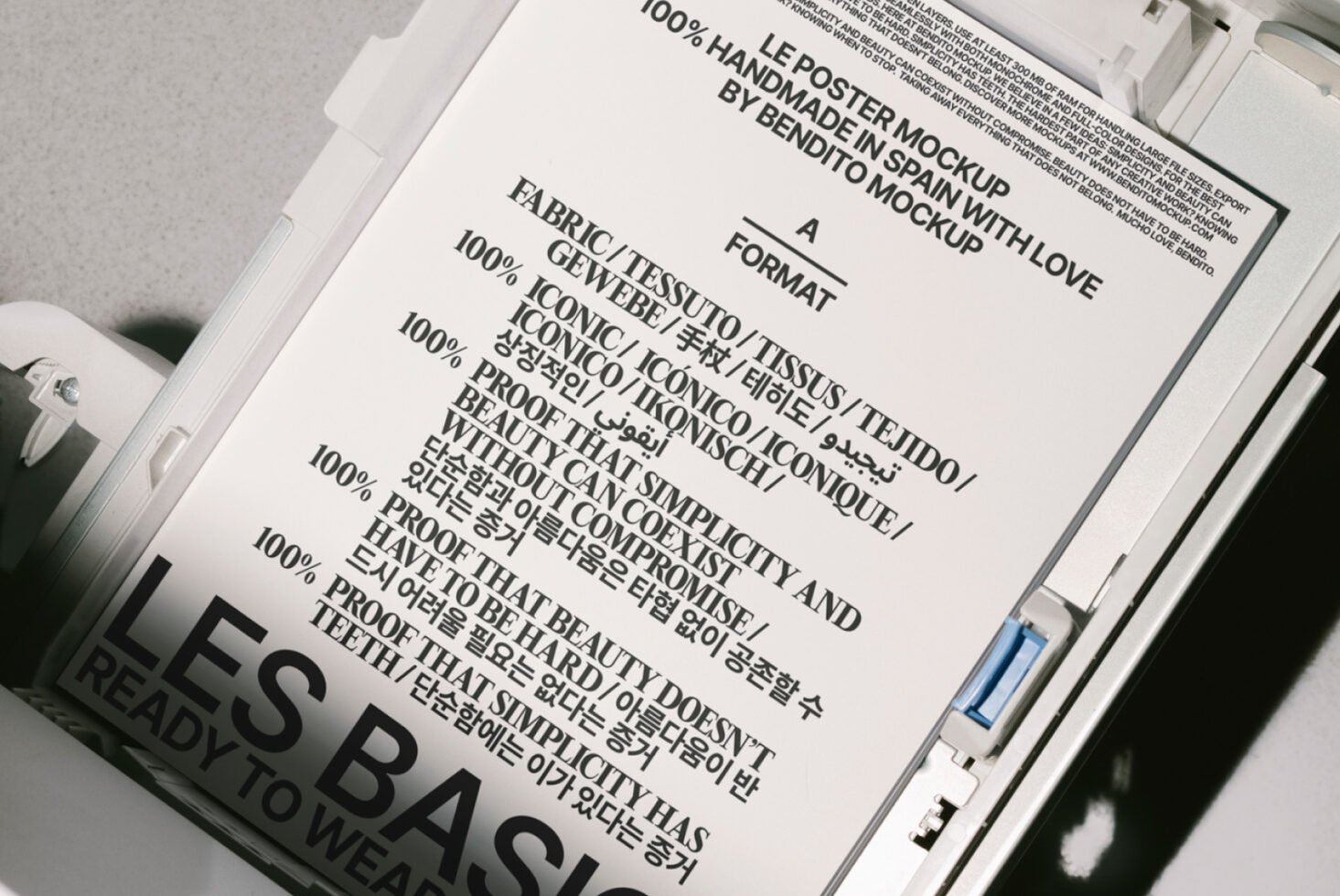 Poster mockup in a paper tray showcasing multilingual typography with bold text design. Ideal for designers seeking stylish templates and graphics.
