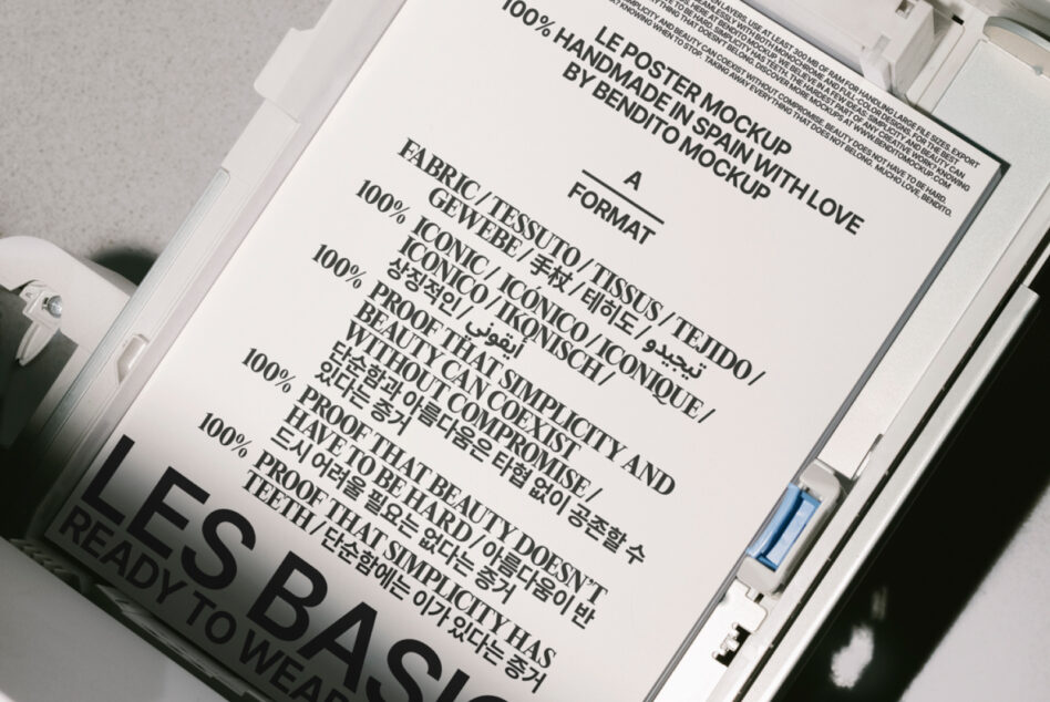 Close-up of handmade poster mockup showing multilingual text on fabric bend setup