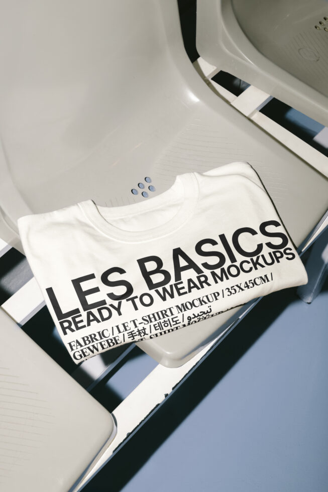 T-shirt mockup laid on a chair emphasizing fabric display for designers, suitable for showcasing designs. Keywords: T-shirt mockup, design asset.