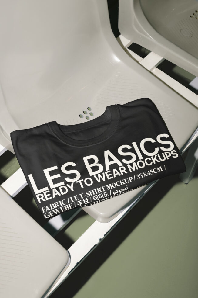 Folded black t-shirt mockup featuring text Les Basics Ready to Wear on chair, ideal for designers in the digital assets marketplace. Perfect for fabric templates.