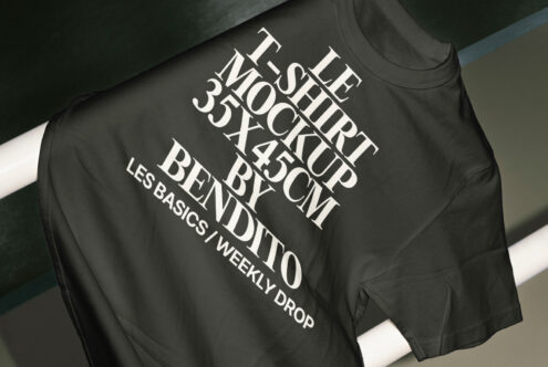 T-shirt mockup displaying bold text by Bendito 35x45cm on a dark fabric perfect for graphic design presentations. Ideal for designers in apparel templates.