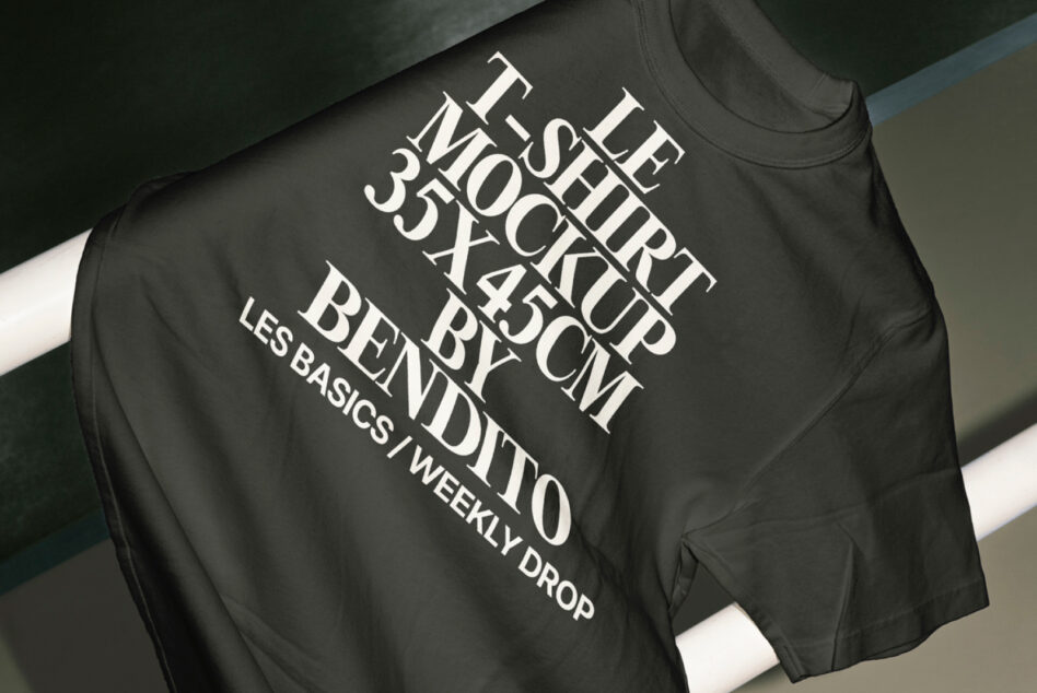 T-shirt mockup displaying bold text by Bendito 35x45cm on a dark fabric perfect for graphic design presentations. Ideal for designers in apparel templates.