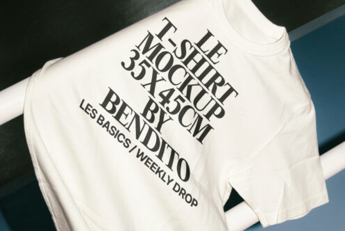 T-shirt mockup featuring bold text design by Bendito. Ideal for graphic designers seeking apparel templates. High-quality and ready for creative projects.