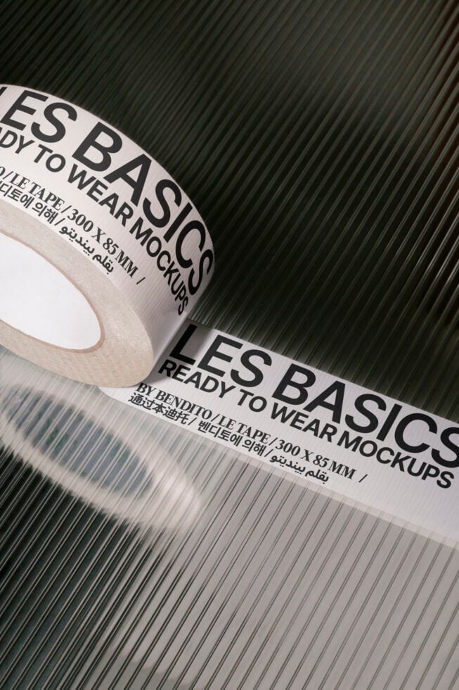 Roll of custom branding tape mockup with bold typography ready to wear design suitable for designers packaging graphics templates digital assets.
