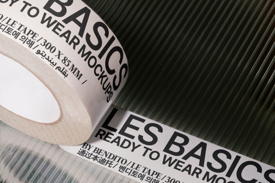Rolled gaffer tape mockup with bold typography on corrugated metal background showing specs