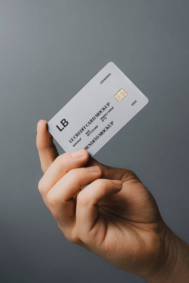 Hand holding a credit card mockup with a metallic chip on a gray background. Perfect for design presentations and marketing materials.