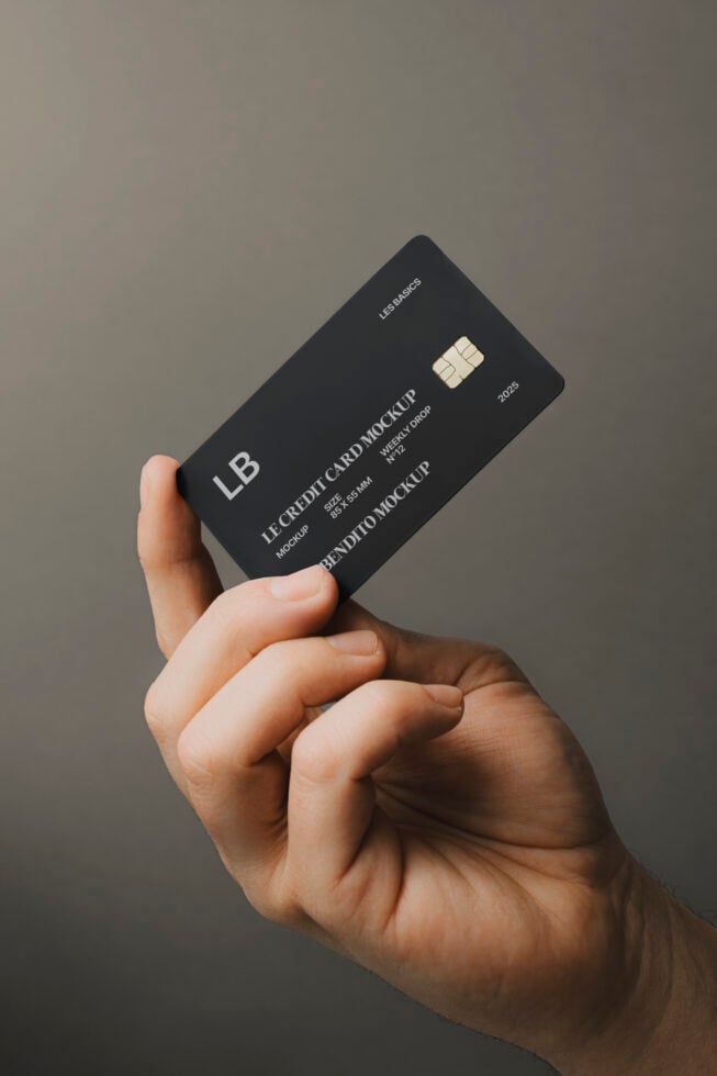 Hand holding black credit card mockup with embossed text perfect for designers. Ideal for branding templates and graphics. SEO keywords: mockup design